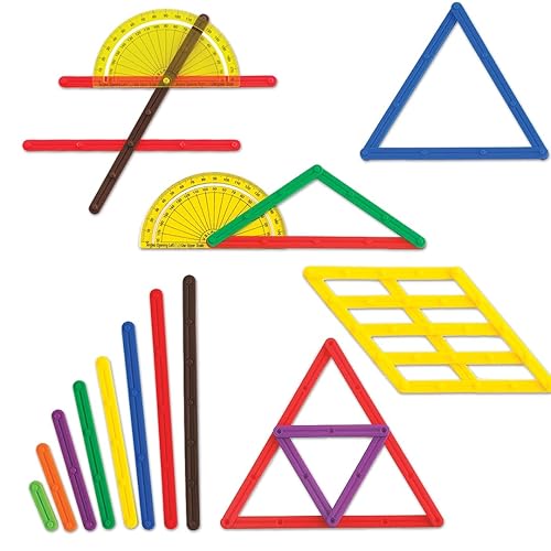 LEARNING ADVANTAGE GeoStix Basic Set 80 palos de construcción 24 tarjetas de actividades 2 transportadores Construye formas 2D y ángulos de