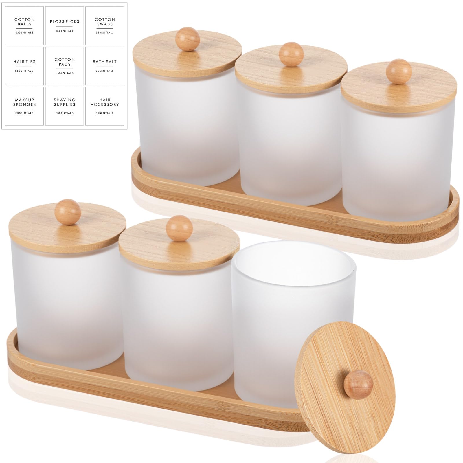 Chengu Wattestäbchenhalter mit Bambusdeckeln und Ablagen und Etiketten, Glas, rund, Wattestäbchenhalter, Glas, Apothekergläser, Zahnseide-Pick-Behälter, Badezimmer-Organizer, Weiß, 6 Stück