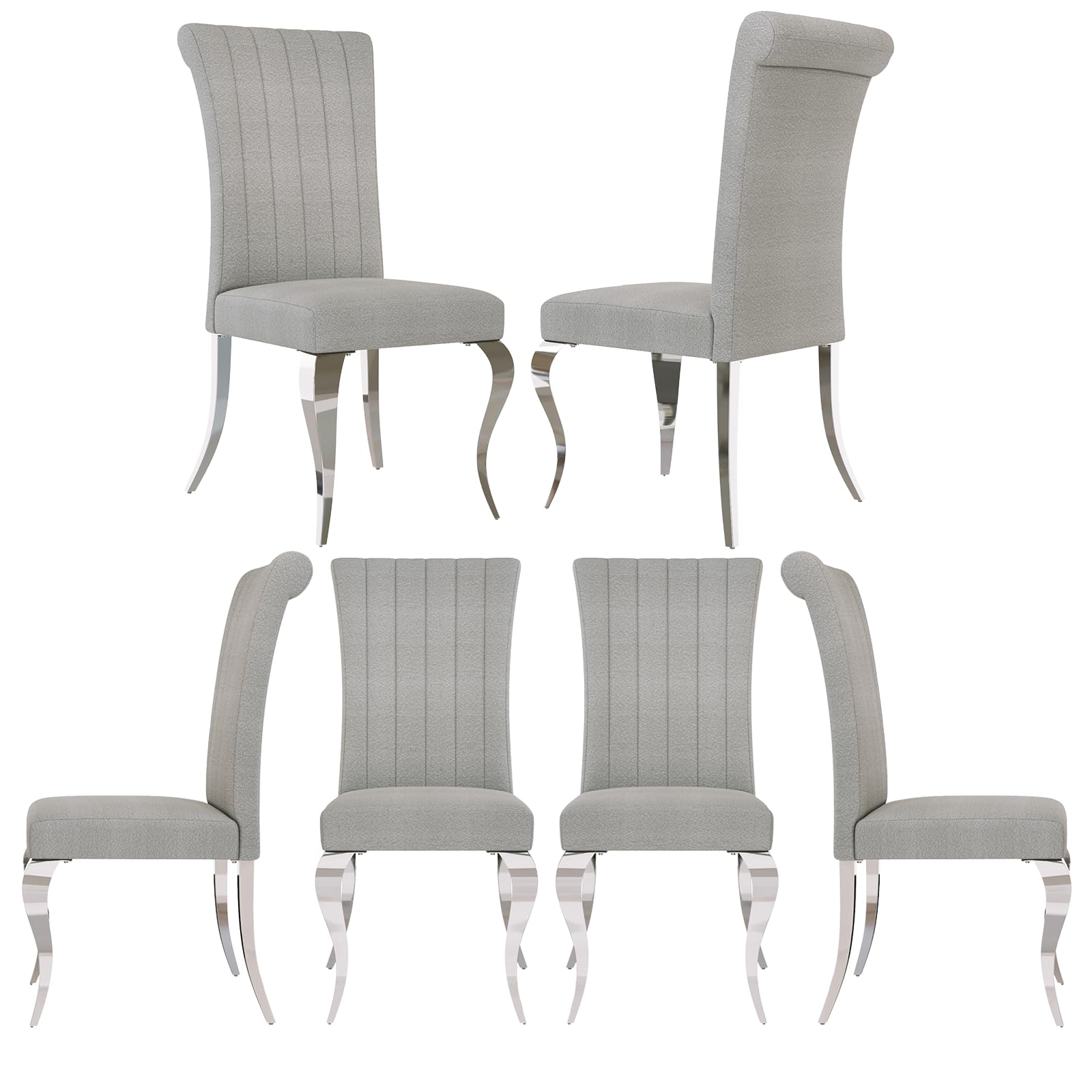 AUZ Dining Chairs Set of 6, Grey and Silver Upholstered Dining Room Chairs, Modern Rolled High Back Kitchen Chairs with Channel Quilted and Chrome