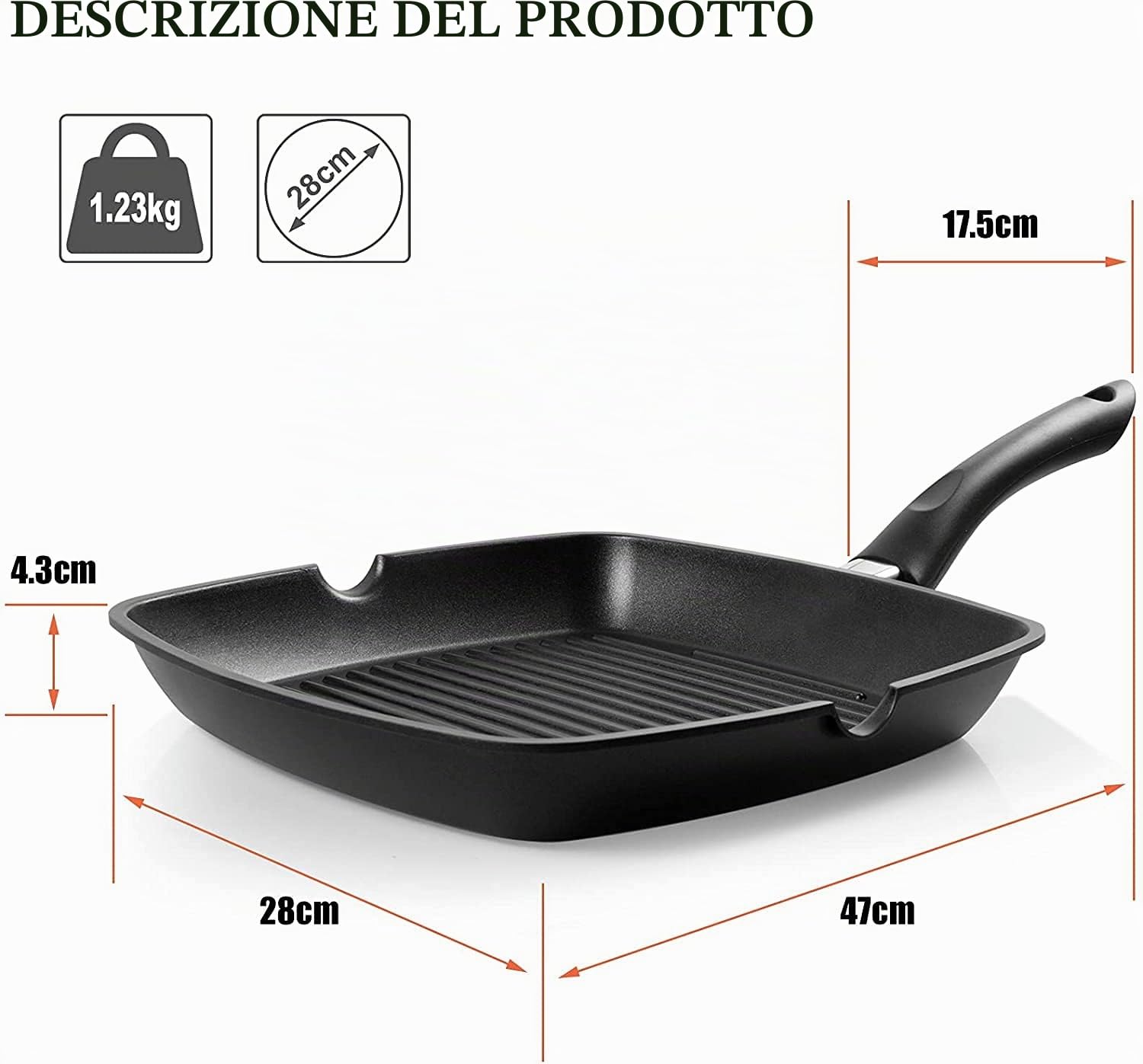 Bistecchiera Antiaderente,28 cm Alluminio Pressofuso Padella Grill per Induzione con Manico datta a Tutti Piani Cottura, Induzione e Forno