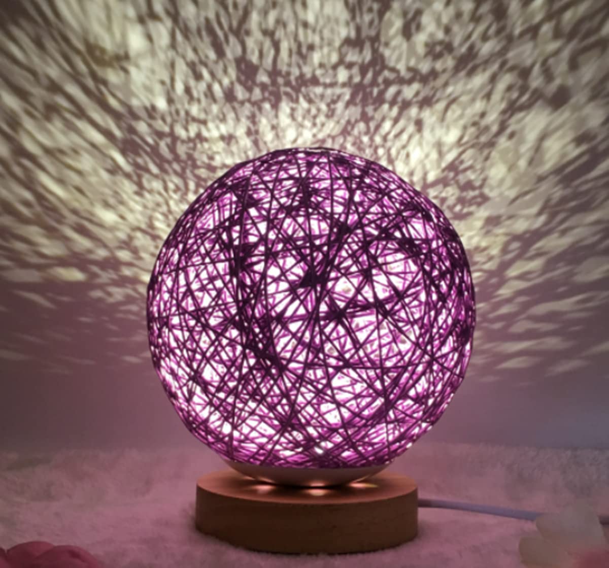 AALIN LED Table Light, Wooden Night Light Bedside Lamp Rattan Ball Desk Lamp USB Powered Reading Lamp Children Room Decoration Lamp Office Desk Lamp (Round Frame, Purple)