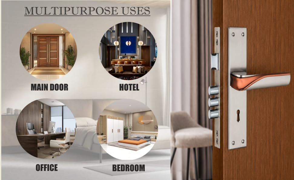 Image of Mortise Lock Set with Door Handle, Silver /Rose Gold Finish, 8 Inch, Complete Lock Set with 3 Keys and Screws, Model MH-1019KY, Two Years Warranty