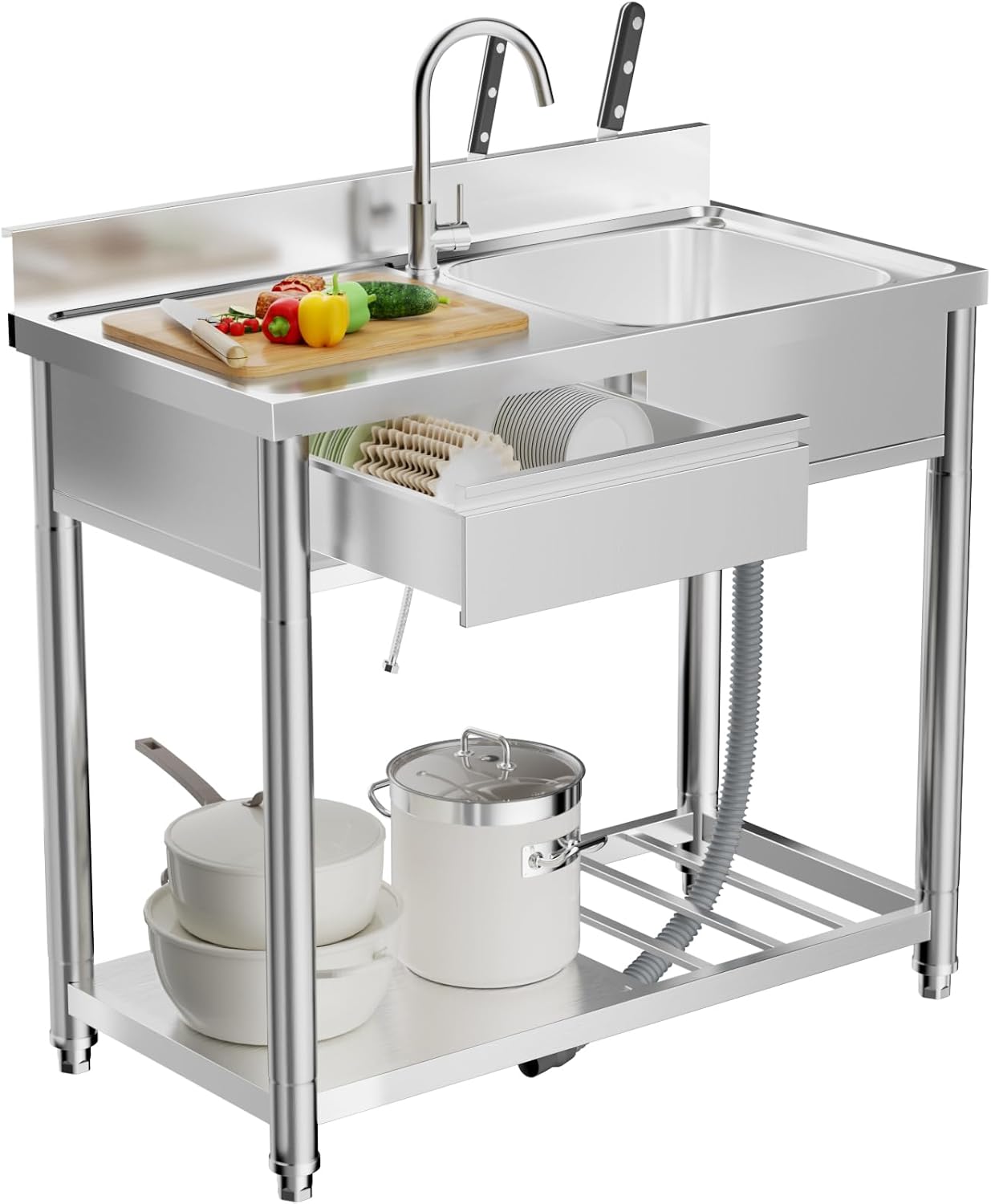 304 Stainless Steel Outdoor Utility Sink with Workbench, Storage Shelf & Left Drawer - Freestanding 39" Prep Table & 360° Swivel Faucet for Patio, Garden, BBQ
