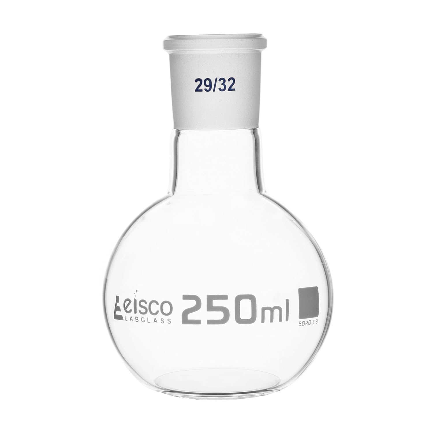 EISCO Florence Boiling Flask, 250ml - 29/32 Joint, Interchangeable - Borosilicate Glass - Flat Bottom, Short Neck