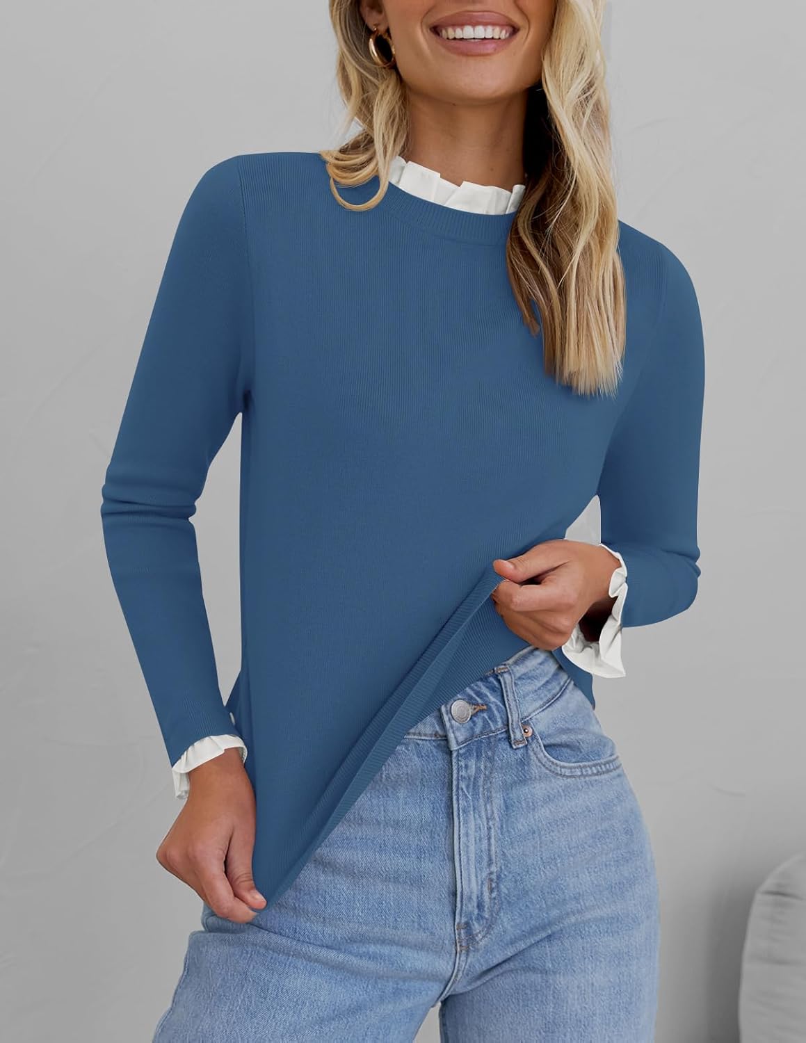 ZESICA Womens Long Sleeve Ruffle Sweaters 2026 Spring Crewneck Color Block Slim Fit Basic Casual Knit Pullover Sweater Tops - Image 7