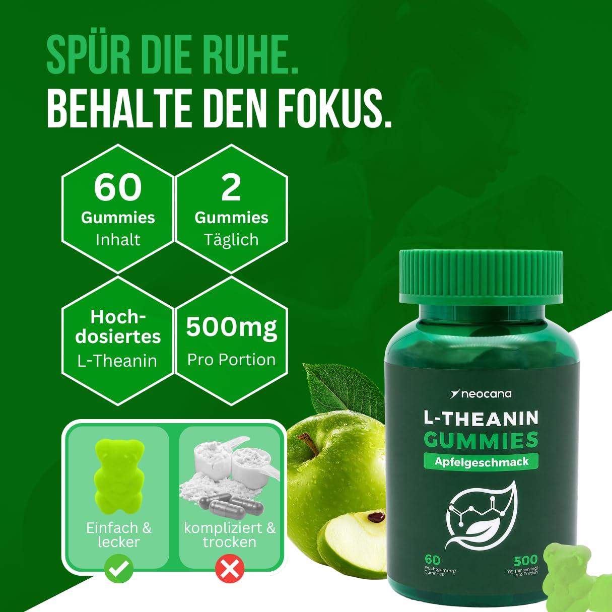 3er Pack L-Theanin Gummies 500 mg pro Portion – Apfelgeschmack - Hochdosierte vegane L-Theanine Fruchtgummis mit Kamillenextrakt, Magnesium, Rhodiola & Lavendel - Nahrungsergänzungsmittel - 60 Stück