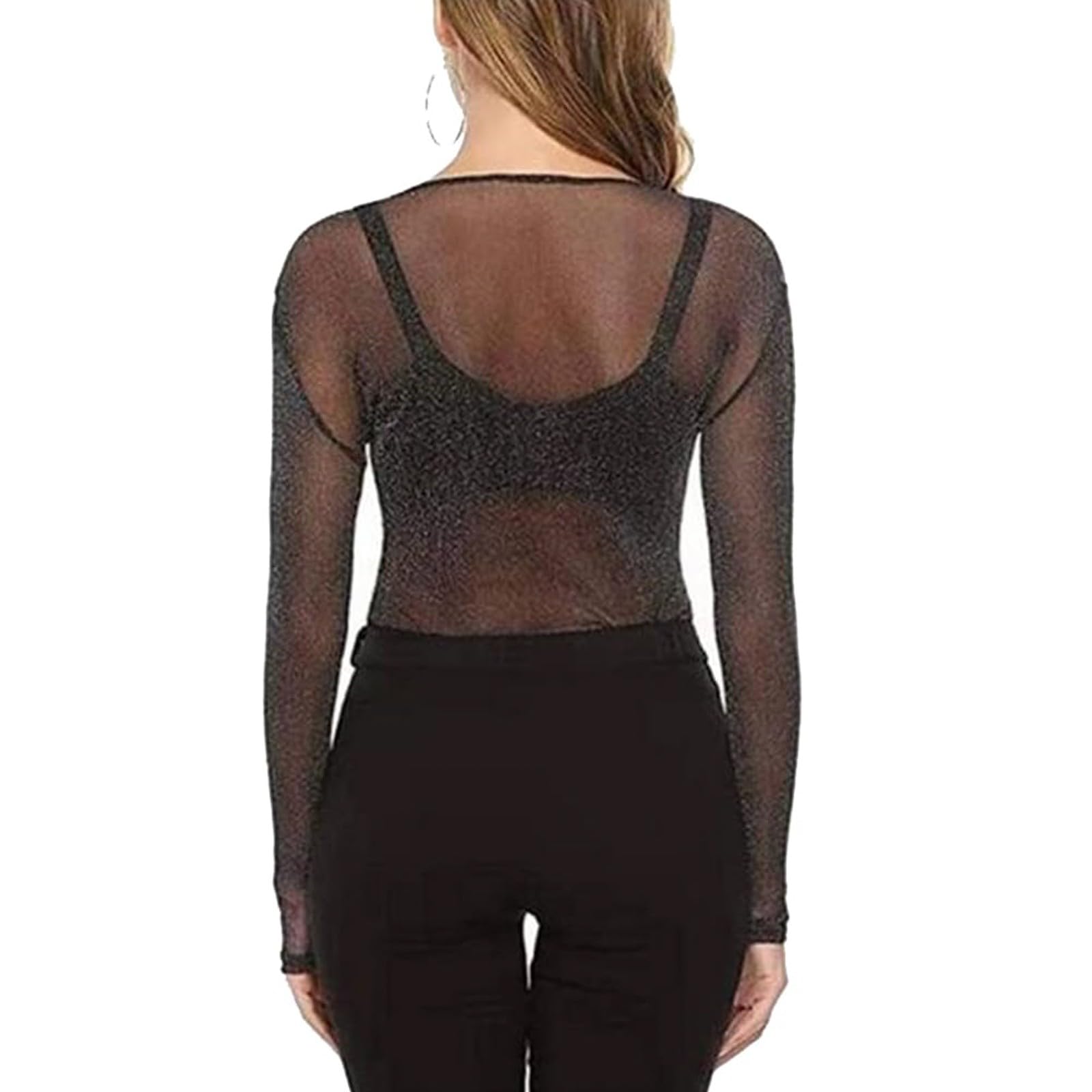 Camiseta Rejilla Mujer Transparente Manga Larga Elástica Body Y2k Rosa