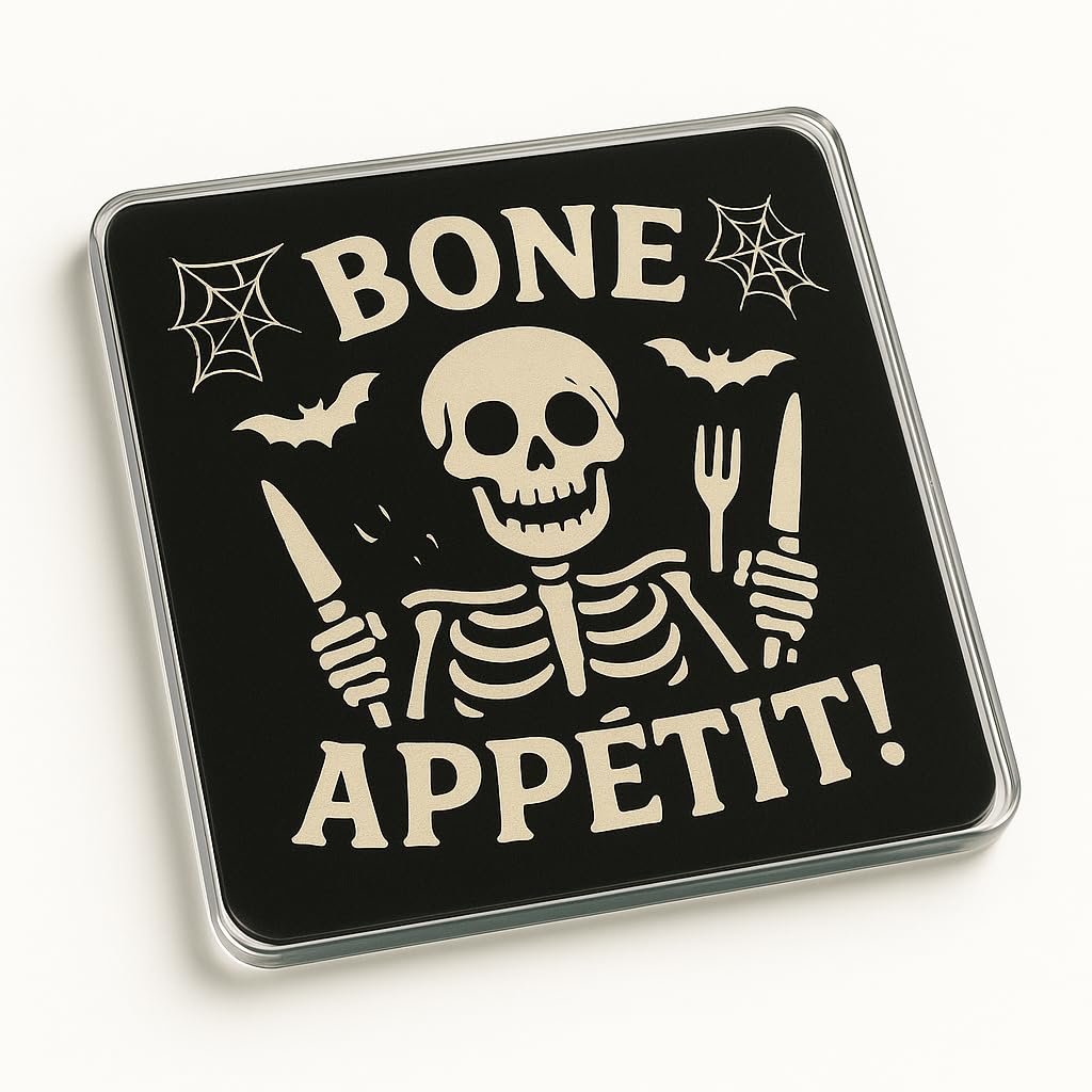 Funny Acrylic Coaster Gift for Halloween Lovers - Cartoon Skeleton Illustration with Whimsical Bats and Cobwebs, Spooky Novelty Present