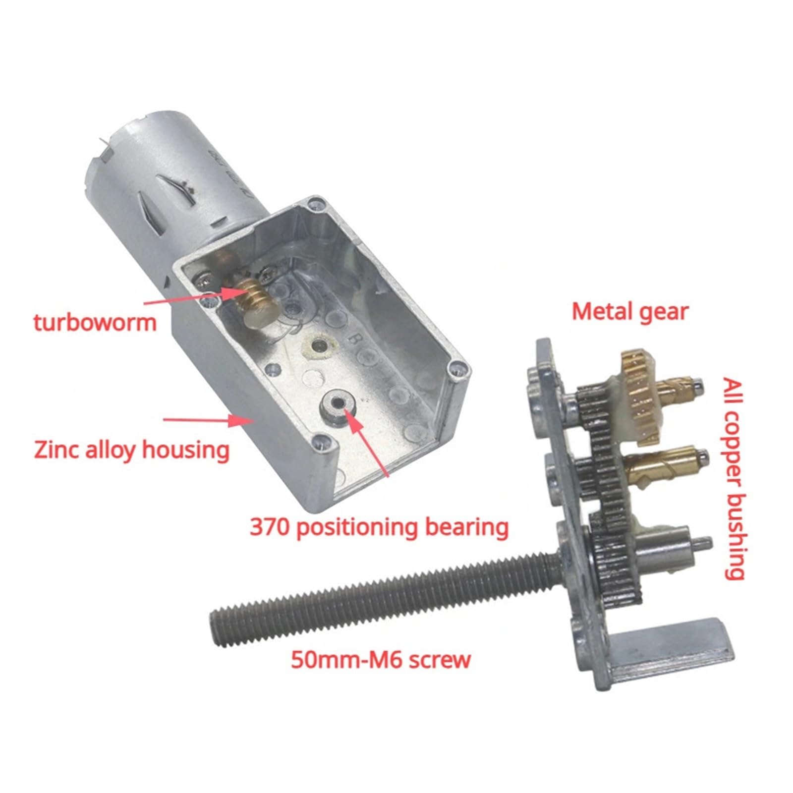 DC-Schneckengetriebemotor mit M6-Gewinde und Langer Welle, 6 V, 12 V, 24 V, 6–150 U/min, hohes Drehmoment, selbstsichernd, einstellbare Geschwindigkeit, JGY370(6v,10 RPM)