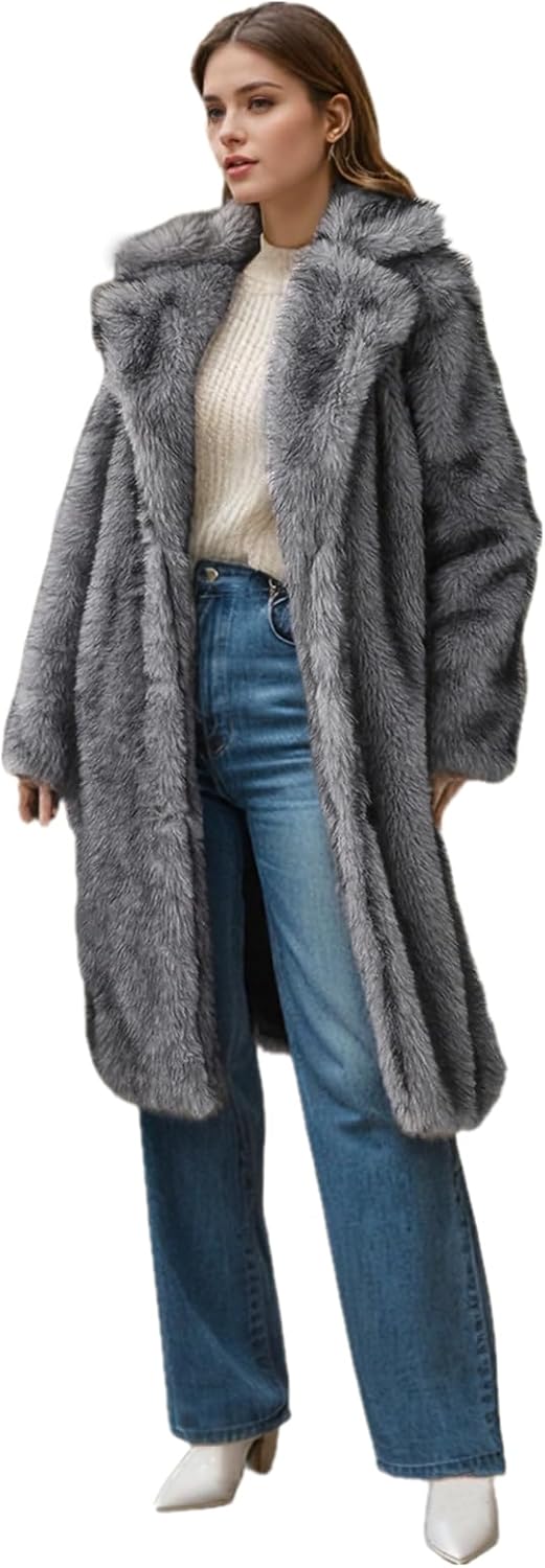 Lisa Colly Women's Winter Long Sleeve Lapel Shaggy Faux Fur Coat Fluffy Jackets Overcoat