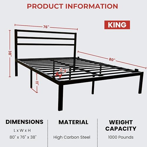 Miniatura 2 de AMBEE21 Marco de cama de metal moderno con plataforma King con cabecero marco de cama de metal de hierro resistente negro, soporte de colchón