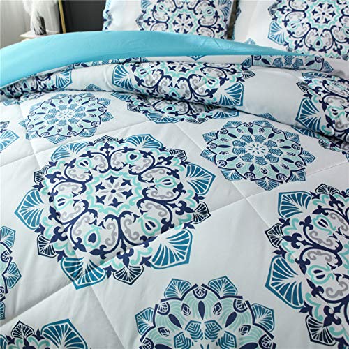 Ntbed Bohemian Comforter Set Queen (90''X90'') Boho Chic Medallion Printed Quilt Teal Aqua Blue Mandala Microfiber Bedding Sets For All Season #TOP1