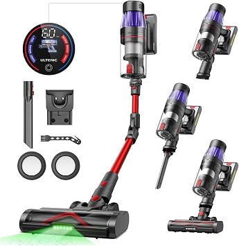 Ultenic Cordless Vacuum Cleaner, 600W 55Kpa 60Mins Vacuum Cleaners for Home, with 180Bendable Wand, Anti-Tangle Brush, Charging Dock, Stick Vacuum Cordless for Pet Hair/Carpet/Floor/Car