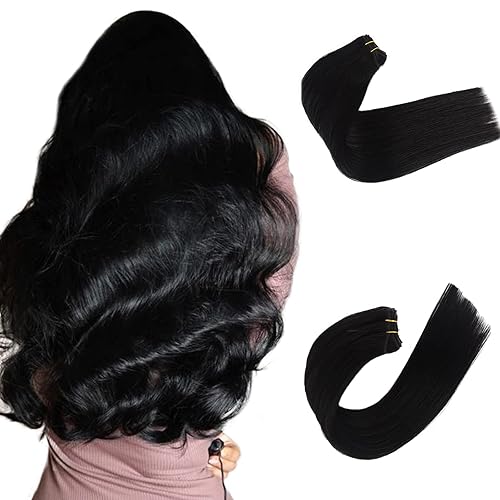 Extensiones de cabello humano Remy real de doble trama, 20 pulgadas, 3.53 onzas, color negro natural, para coser, para mujeres blancas, doble trama