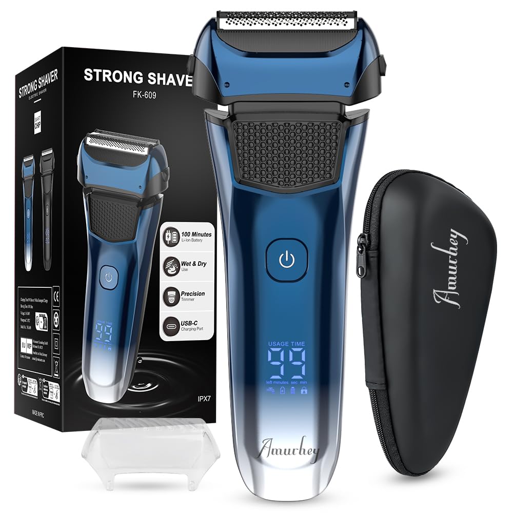 Maquinilla de afeitar eléctrica para hombre con 3 cuchillas flexibles y estuche de viaje, Afeitadora Eléctrica con recortador de precisión, Afeitadora Barba en seco y húmedo, 120 minutos de autonomía