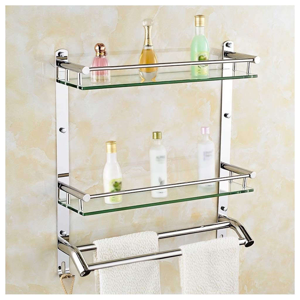 Estante de cristal para baño montado en la pared con toallero doble y gancho, estante de almacenamiento de doble capa de 60 cm, para cocina y ducha, elegante y funcional