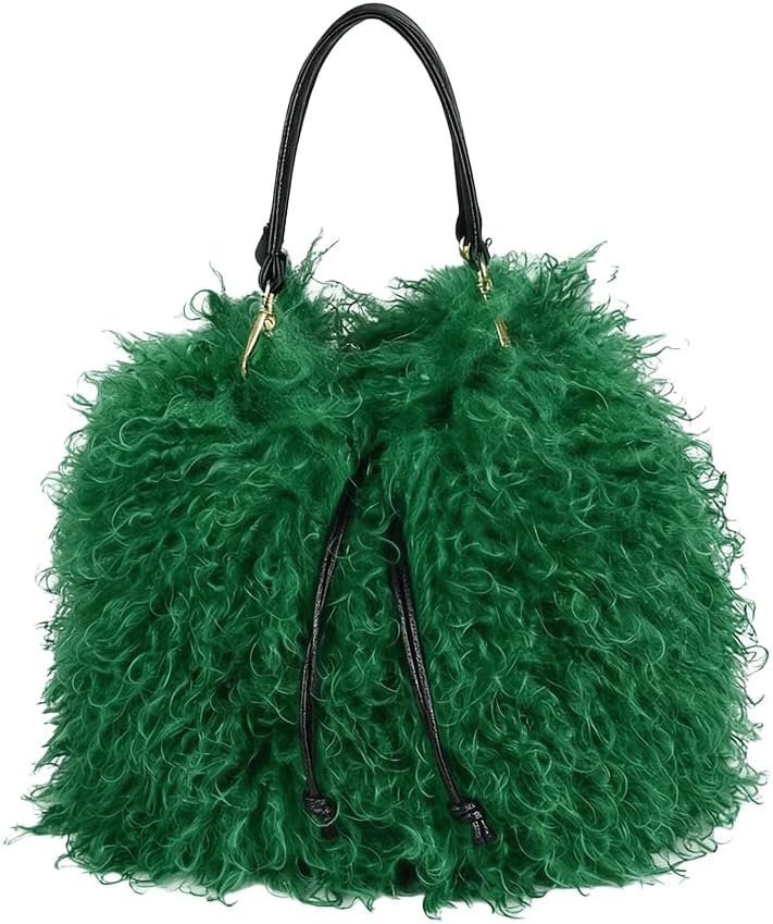 Fur Purse Mongolian Tote Bucket Bag Drawstring Fluffy Fuzzy Furry Top Handle Shoulder Bag Soft Winter Handbag