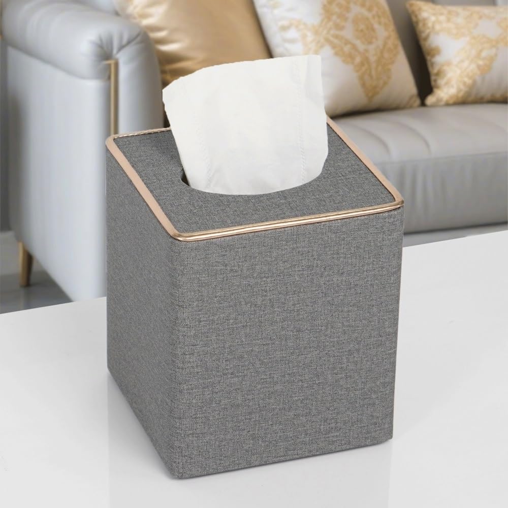 Porta fazzoletti quadrato in lino, organizer decorativo con finiture dorate for bagno, ufficio e casa(White)
