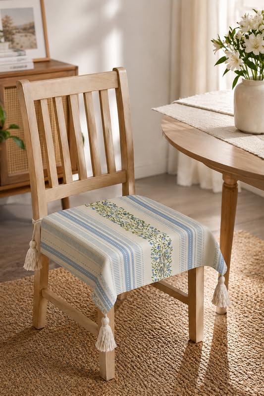 WWW.THROWPILLOW.IN Designer Blue Blossam Dining Chair Cover with Tassels with & Insert, Padded Chair Cover with Tie-Ups for 16x16 Inch Seat,Modern Seat Pad Chair Cushion for Dining Room-image-23