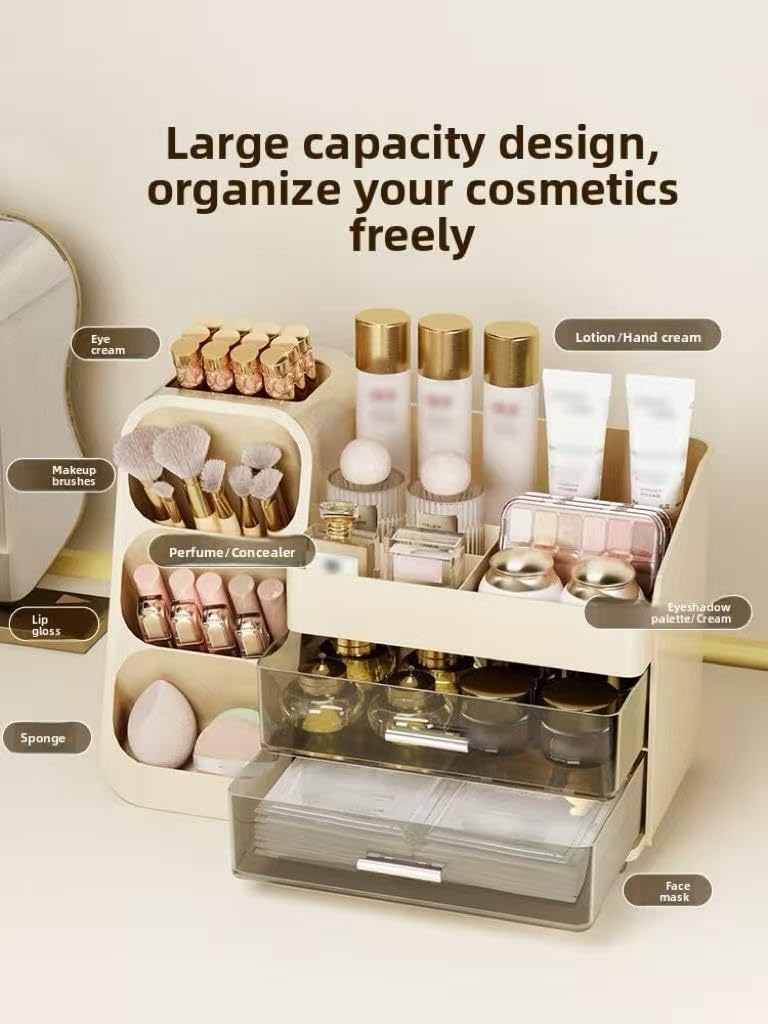 Large Makeup Organizer with Drawers,Multifunctional Multi-Compartment Storage Box,Cosmetic Display Case for Dresser Countertop & Bathroom Vanity,Cream