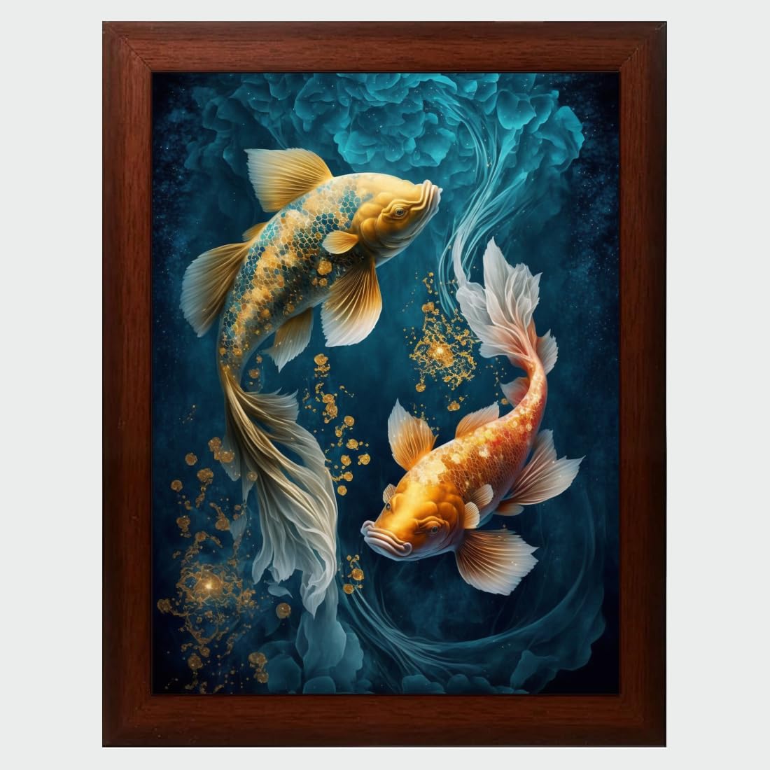 Vastu Fishes Painting Digital Reprint Trendy Fancy Room Home Office Wall Decoration With Brown Frame (10Inches X 13.5Inches) - Engineered Wood