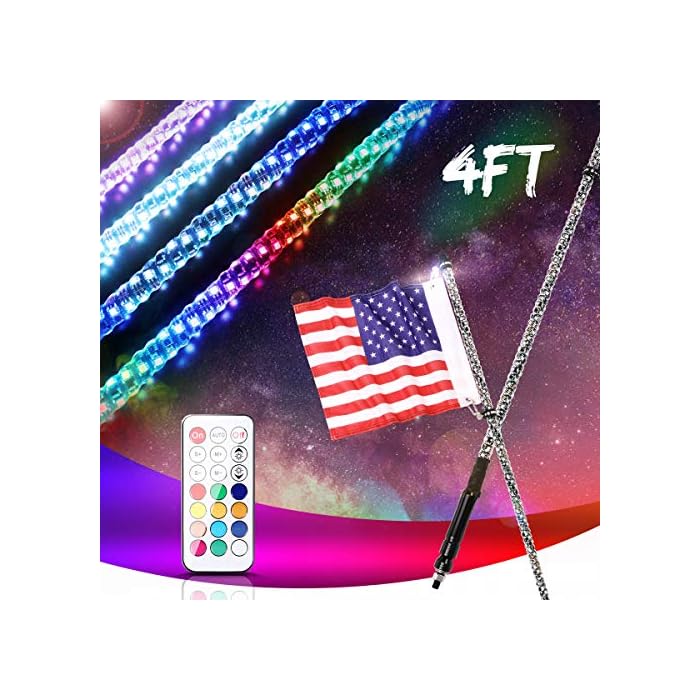 Aaiwa 4ft LED Lighted Whip Antenna Flag With Remote - Green For Polaris RZR, ATV, UTV