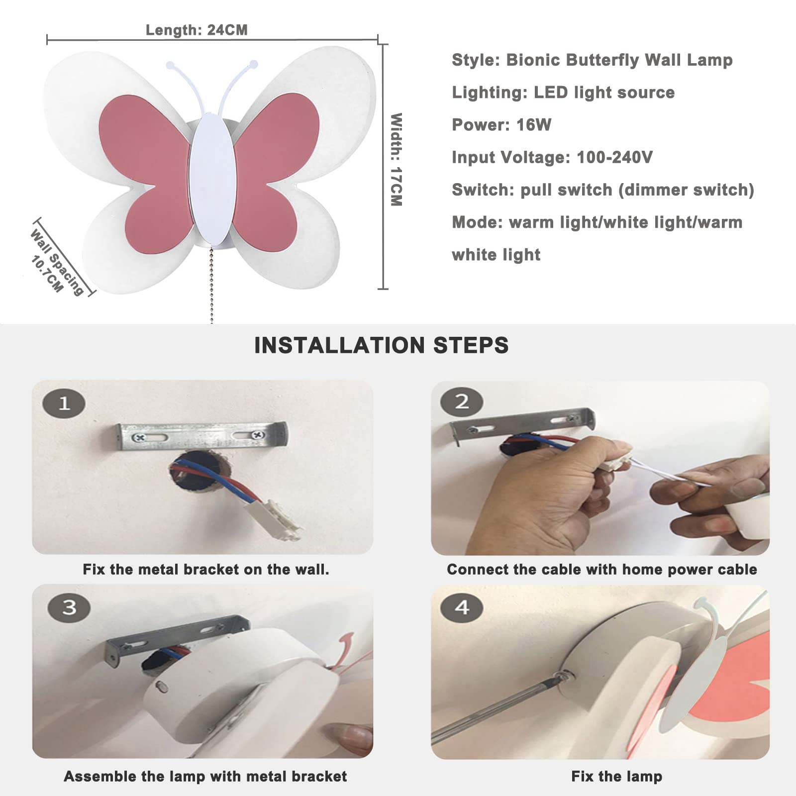 Wandlampe Kinderzimmer Mädchen mit Schalter, LED Wandleuchte Dimmbar Schmetterling Lampe Deko Innen Kinder Schlafzimmer 16W Wand Raumlampe Babyzimmer Nachtlicht, Rosa Weiß