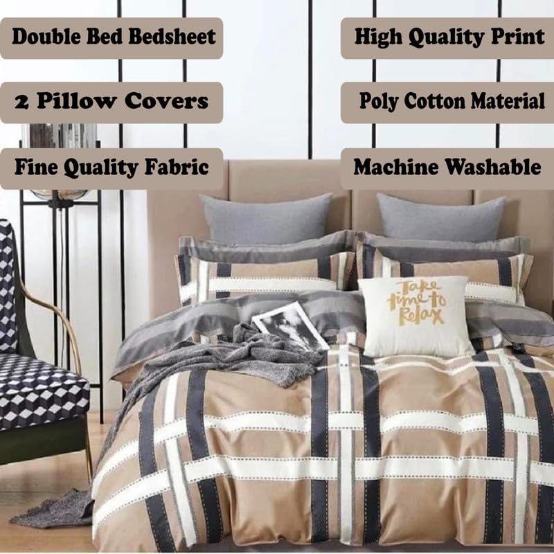 Image of Polycotton Double Bed Bedsheet, Flat Sheet with 2 Pillow Covers, Queen (90x100 inch), 300 TC, Grey & Cream, Set of 3