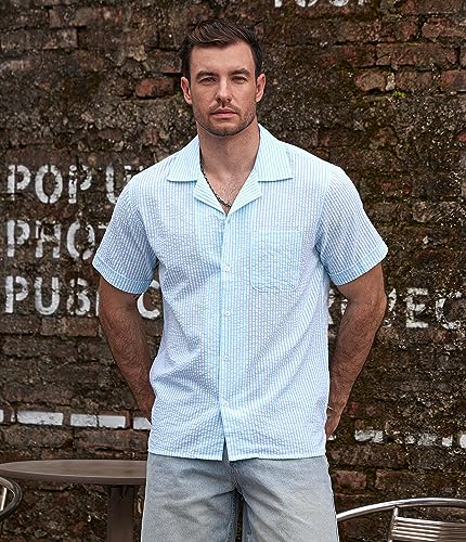 Image of VATPAVE Mens Striped Summer Shirt Casual Button Down Short Sleeve Beach Shirts Cotton Shirts for Men