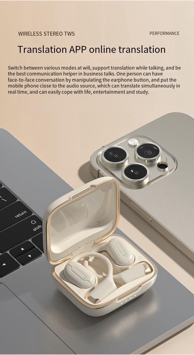 Open Ear Air Conduction Headphones Wireless Bluetooth 5.4 Translation Headphones,Single 8H Playback Time IPX5 Waterproof Wireless Earbuds, Ergonomic Ear Hooks,Snug Fit for Workout Driving,Beige