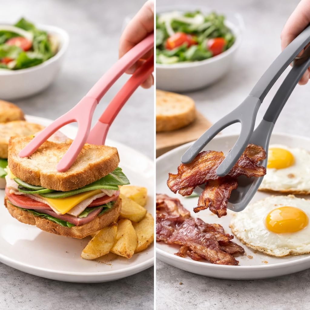 Silicone Spatula Tongs, 2-in-1 Egg Flipper Spatula Tong Non-Stick Cooking Tongs for Pancakes, Eggs Fish & Steak,Food-Grade Heat Resistant Silicone Kitchen Tool, Dishwasher Safe, Comfortable Grip Black