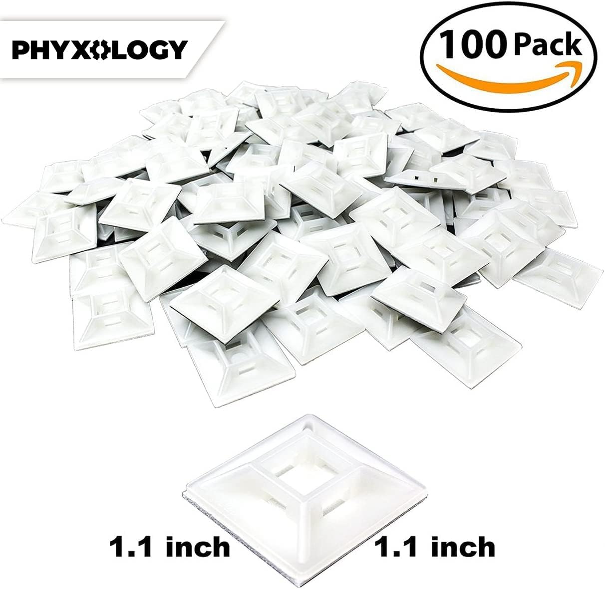Large, Premium Zip Tie Adhesive-Backed Mounts 100 Pk by Phyxology Supply. Pro-Grade, UV White Cable Tie Bases: 1.1 in x 1.1 in. Screw-Hole Anchor Point Gives High-Strength Durability for Long-Term Use