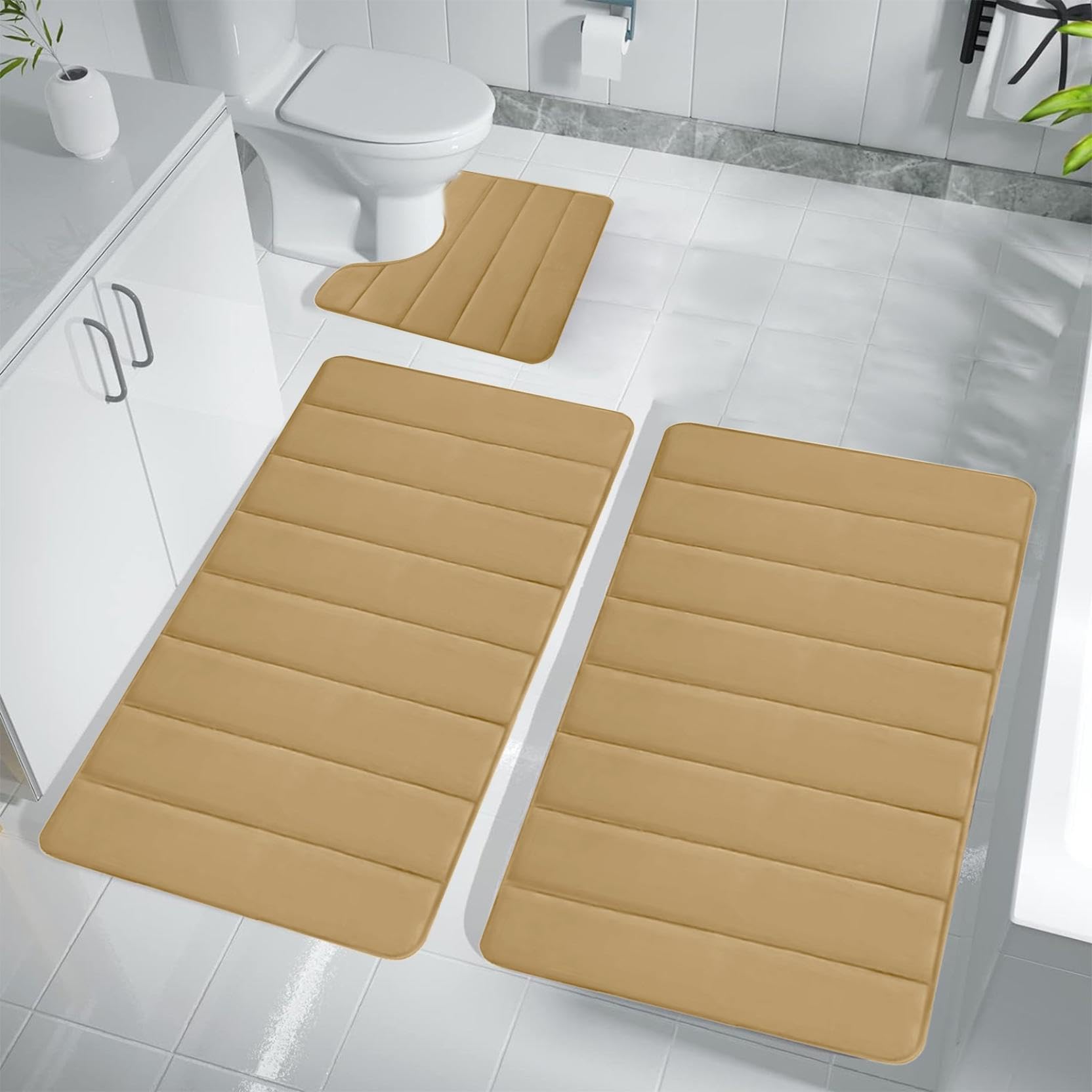 Badezimmermatten-Set aus Memory-Schaum, 3-teilig, Badteppich, WC-Matten, weich und bequem, sehr saugfähig, rutschfest, dick und maschinenwaschbar, schnell trocknende Bodenmatten (Khaki)
