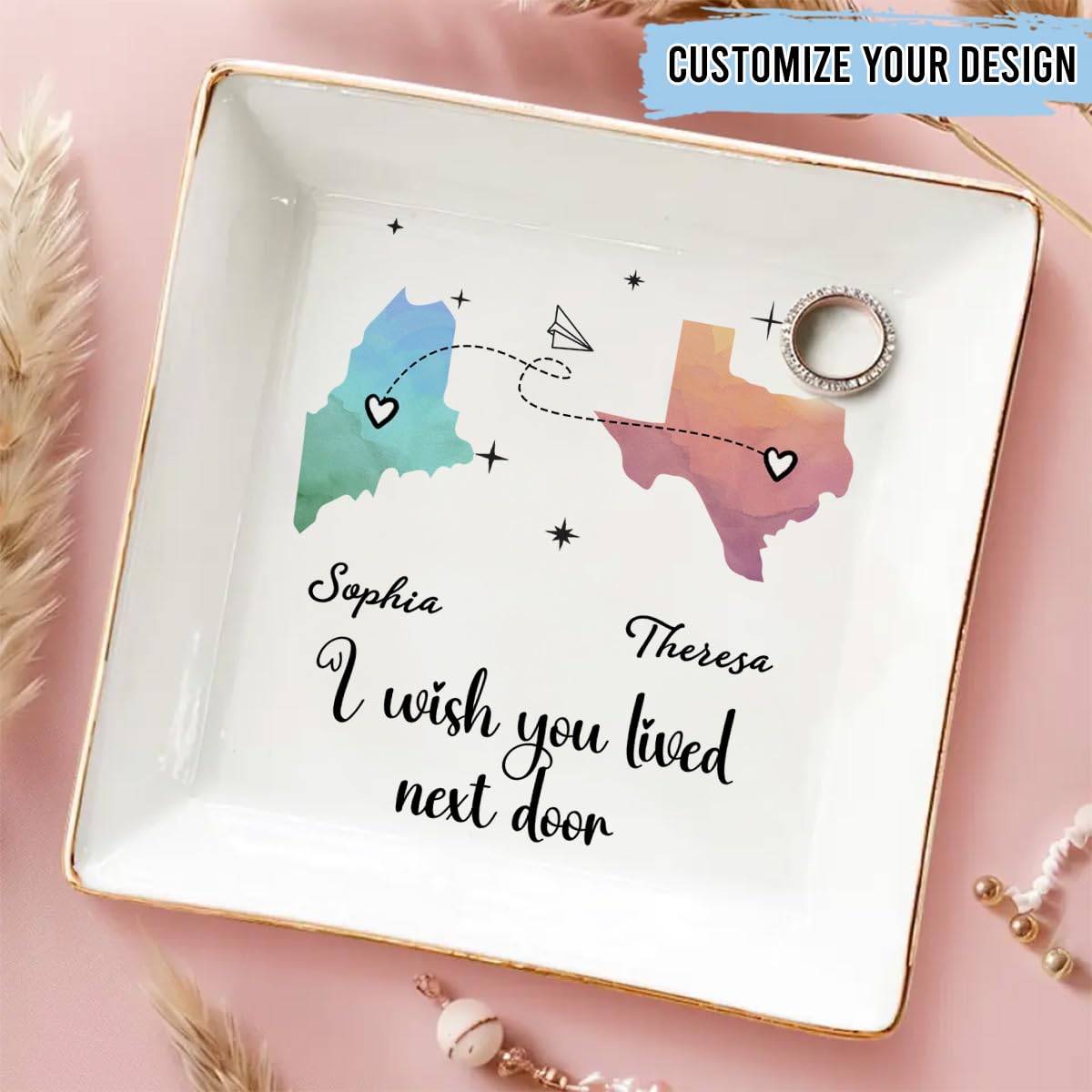 Wrappiness Personalized I Wish We Lived Closer Ceramic Ring Dish - Friendship Jewelry Dish Custom Ring Holder Gifts for Her Women Sisters BFF - Jewelry Tray for Best Friend