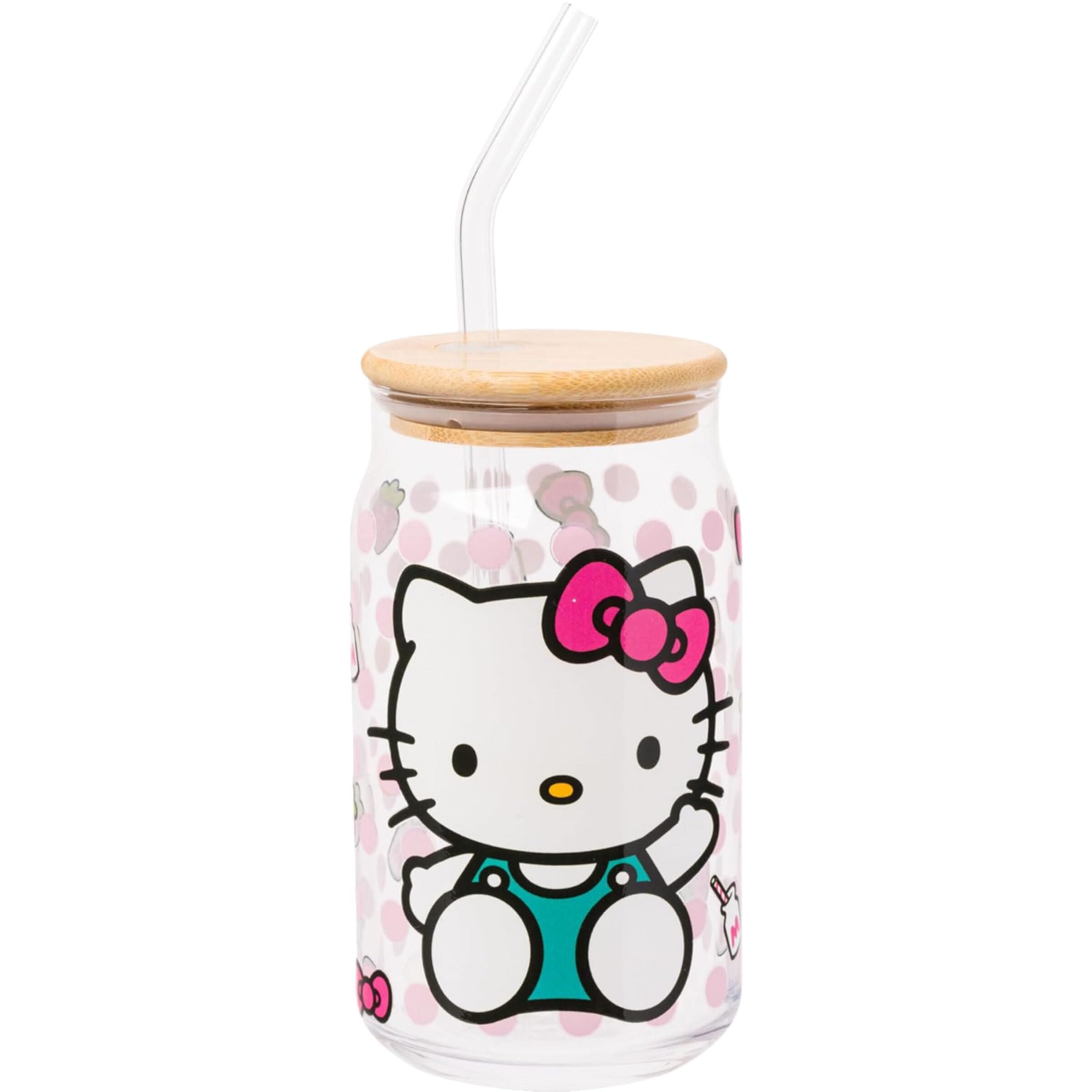 Sanrio Hello Kitty Strawberry Milk Bow Pink Polka Dot Glass Jar Tumbler with Bamboo Lid and Glass Straw, 16 Ounces