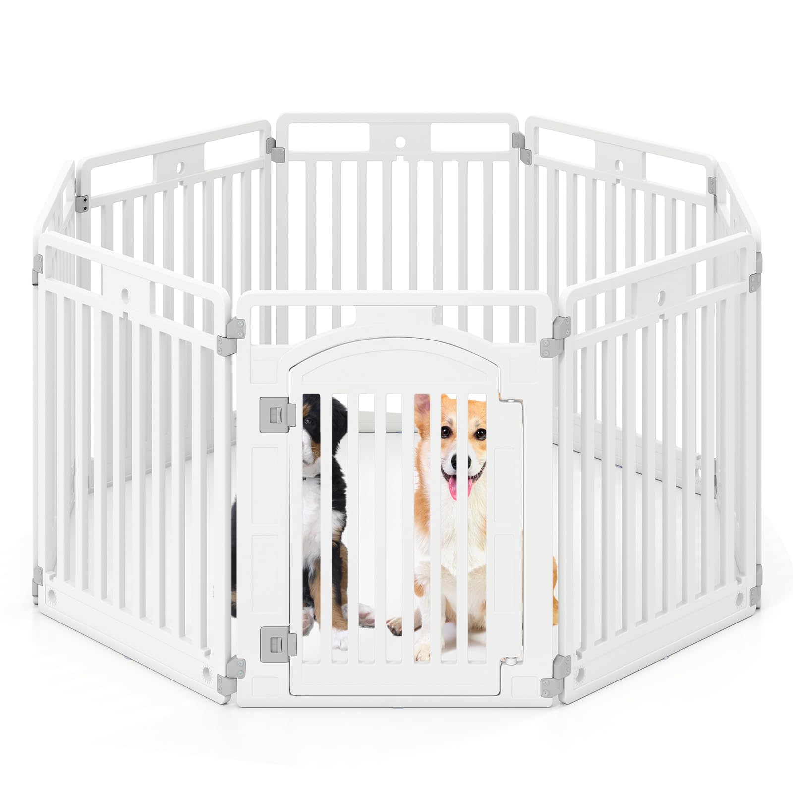 GOPLUS Valla para Mascotas Modular y Portátil con Puerta con Cerradura | Parque para Perros Fácil de Limpiar, Uso Versátil con Ventosas y Estacas, 128 x 128 x 80 cm