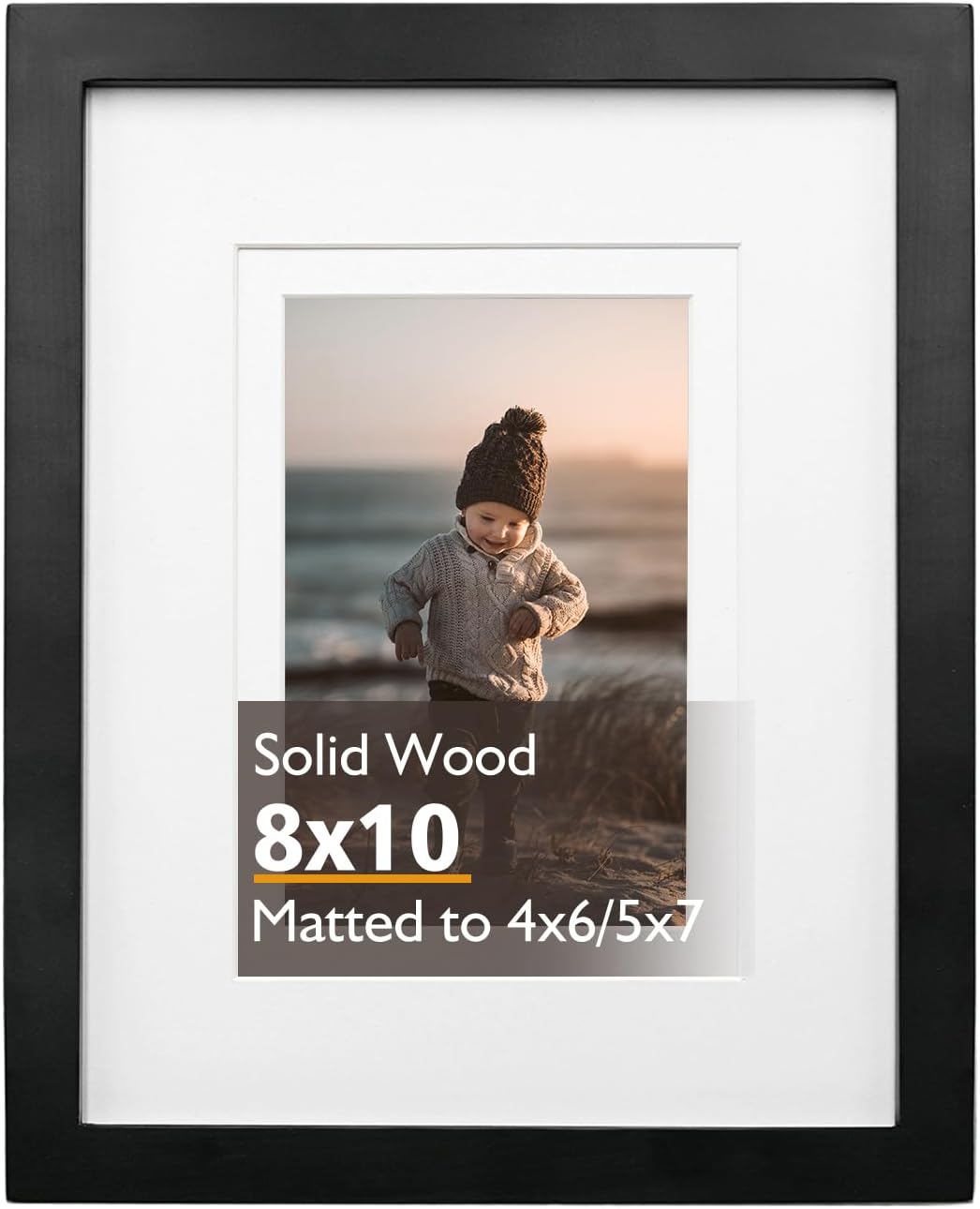 KINLINK 8x10 Picture Frame Black, Solid Wood Frame with Acrylic Plexiglass for Picture 4x6/5x7 with Mat or 8x10 without Mat, Tabletop and Wall Mounting Display Photo Frame 1 Pack