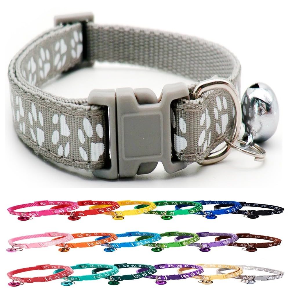 Dog Puppy Pet Small Medium Collar 2 Sizes Pawprint Design with Bell Nylon Adjustable Light Silver Grey S โ image 1
