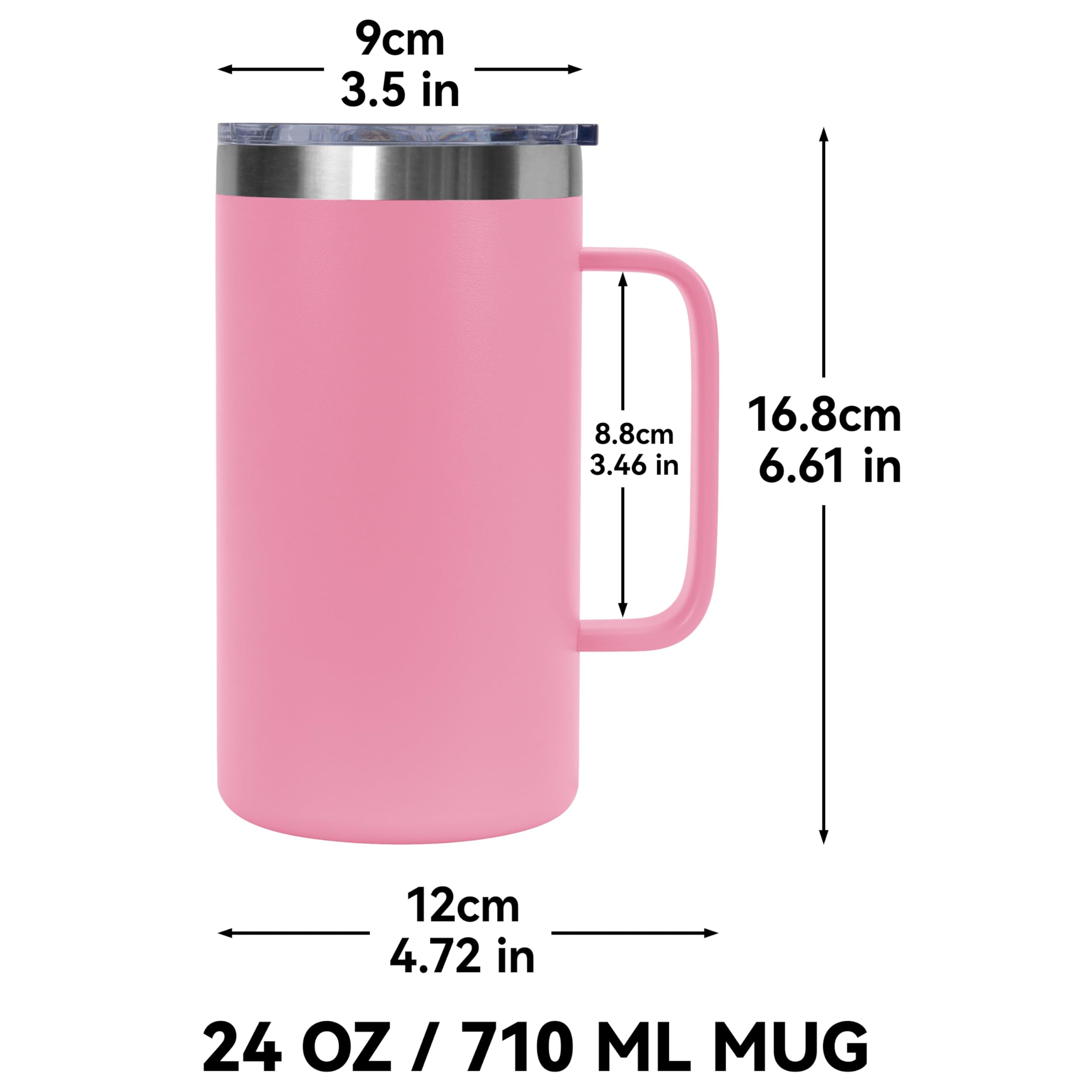 DOMICARE Taza de café de acero inoxidable de 24 onzas con asa y tapa, taza de viaje con asa, vaso de café al vacío de doble pared, taza aislada reutilizable, rosa, paquete de 8