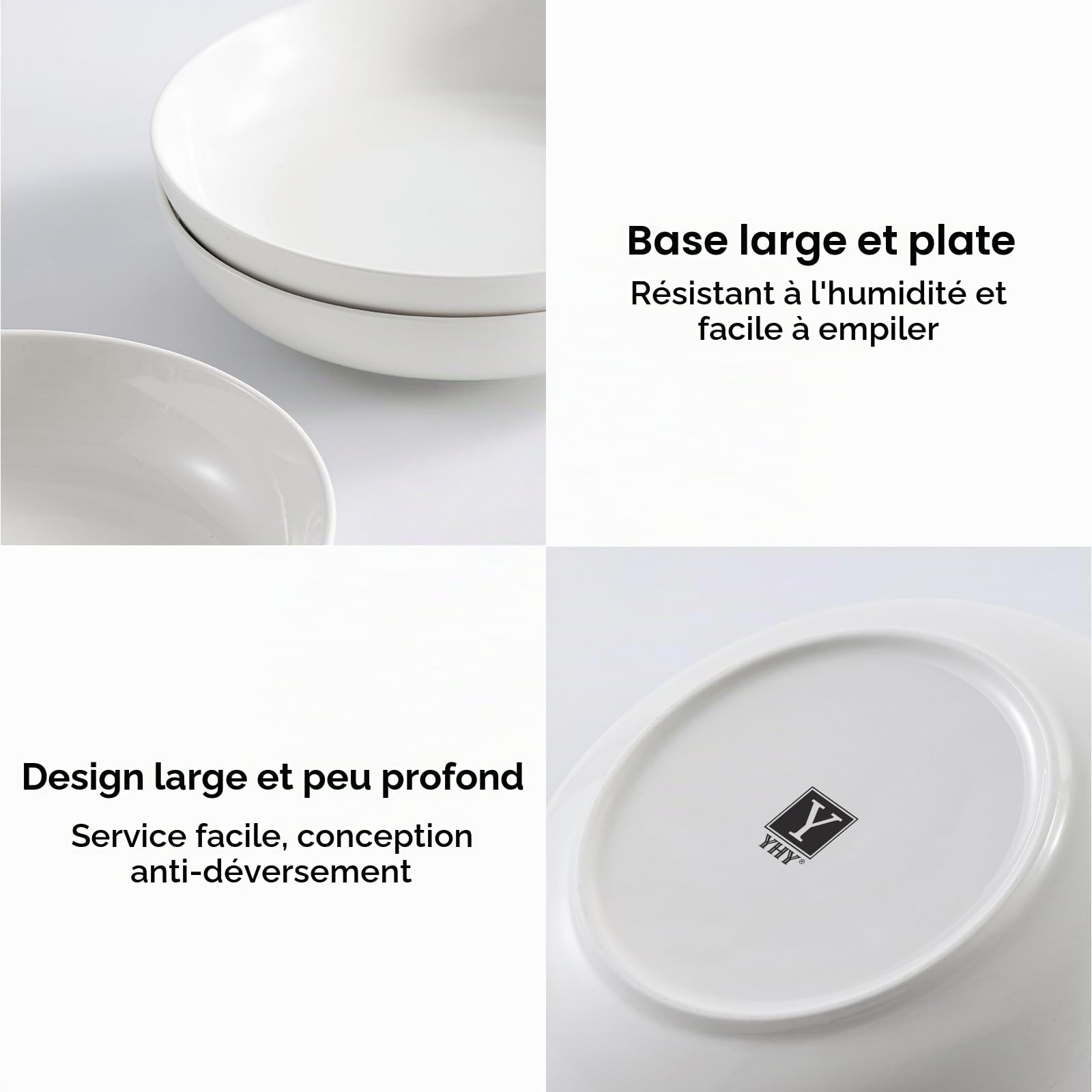 Y YHY Lot de 4 grands bols à pâtes de 24,8 cm, grands bols à salade de 1,4 l, bols de service en céramique, larges et peu profonds, passent au micro-ondes et au lave-vaisselle, blanc