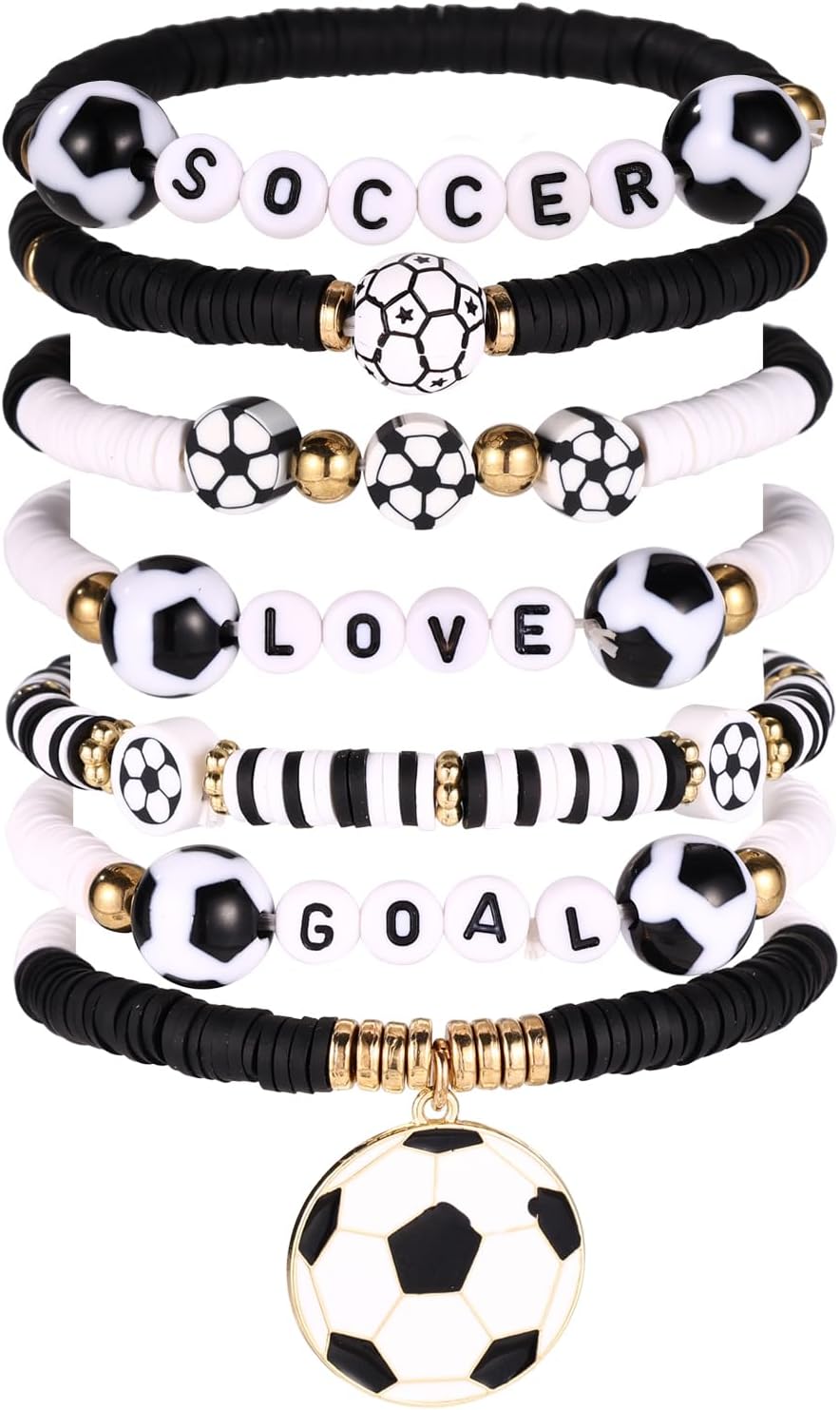 7pcs Soccer Bracelets for Women, Stackable Elastic Soccer Beaded Bracelet Sport Theme Jewelry Set for Sport Team Lover & Fans Gifts