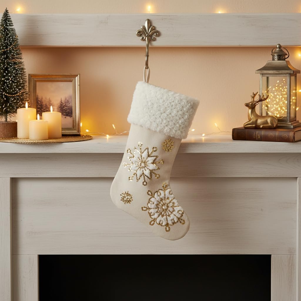 Comfy Hour 18" Gold Snowflake Christmas Stocking, Rustic Antique Vintage Style Holiday Home Decor, Sequin Embroidered Figurine Style Mantel Decoration, Cream