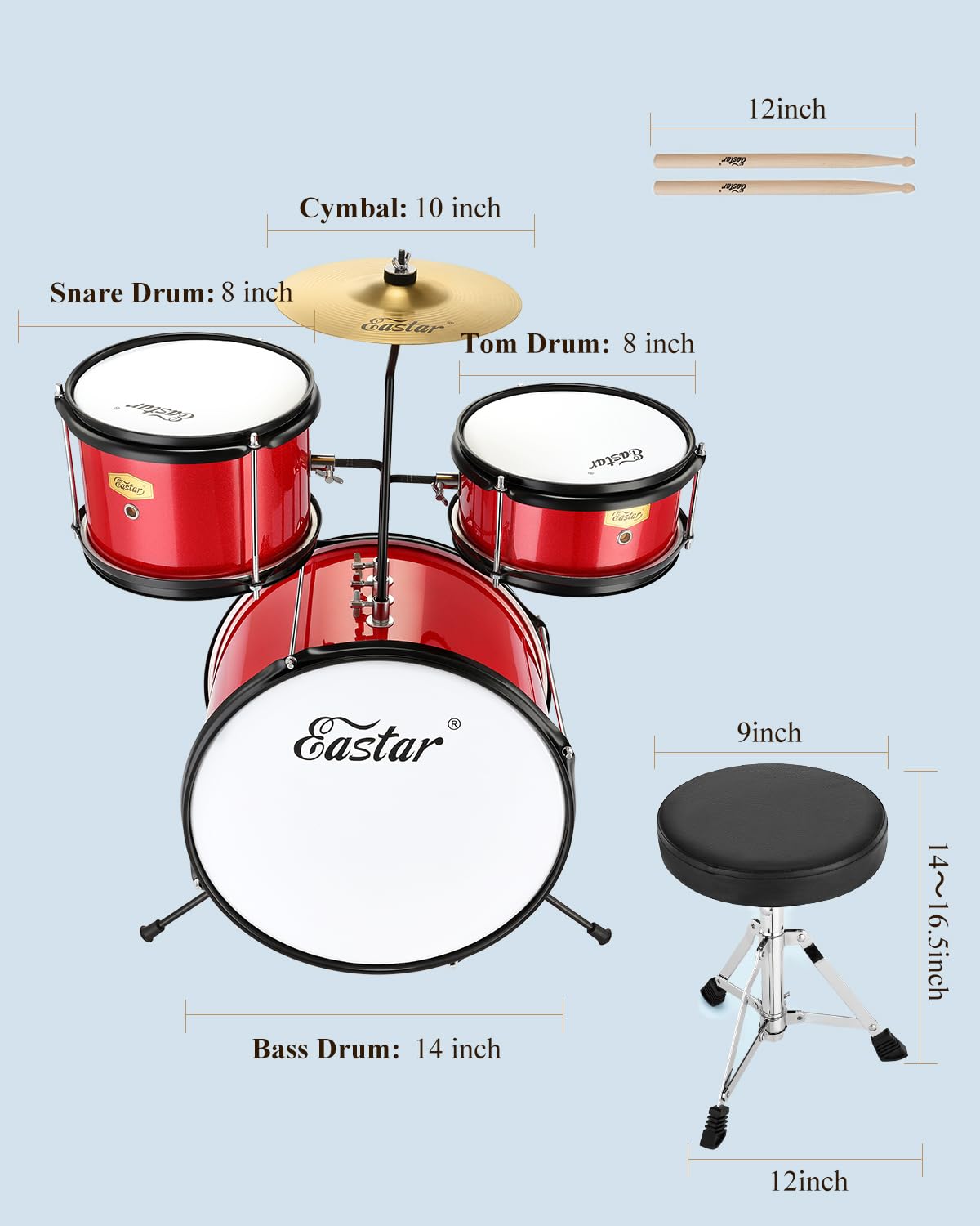 Eastar Batteria per Bambini per età 3-10 Anni, Junior Drum Set con Rullante, Tom, Grancassa, Pedale Grancassa, Sedile e Bacchette (Rosso)