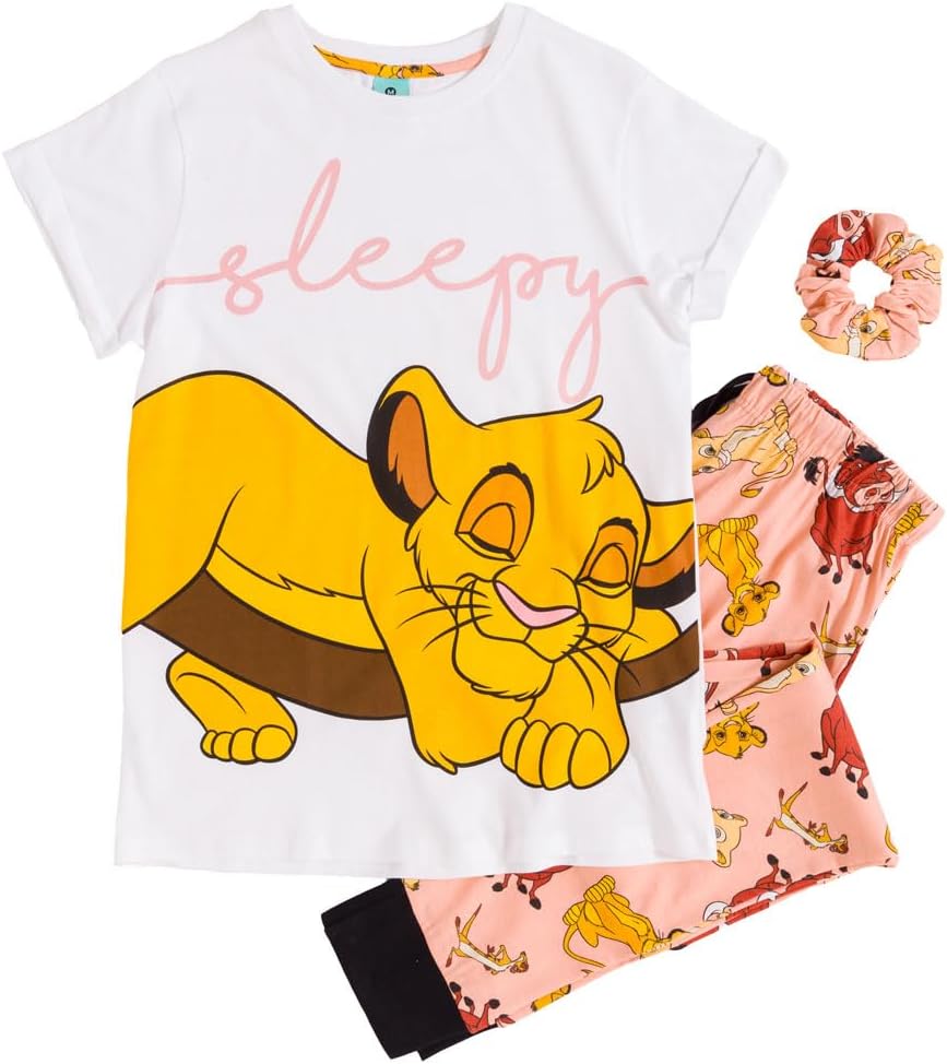 Womens Disney The Lion King Sleeping Simba Pyjama and Scrunchie Set White/Off White