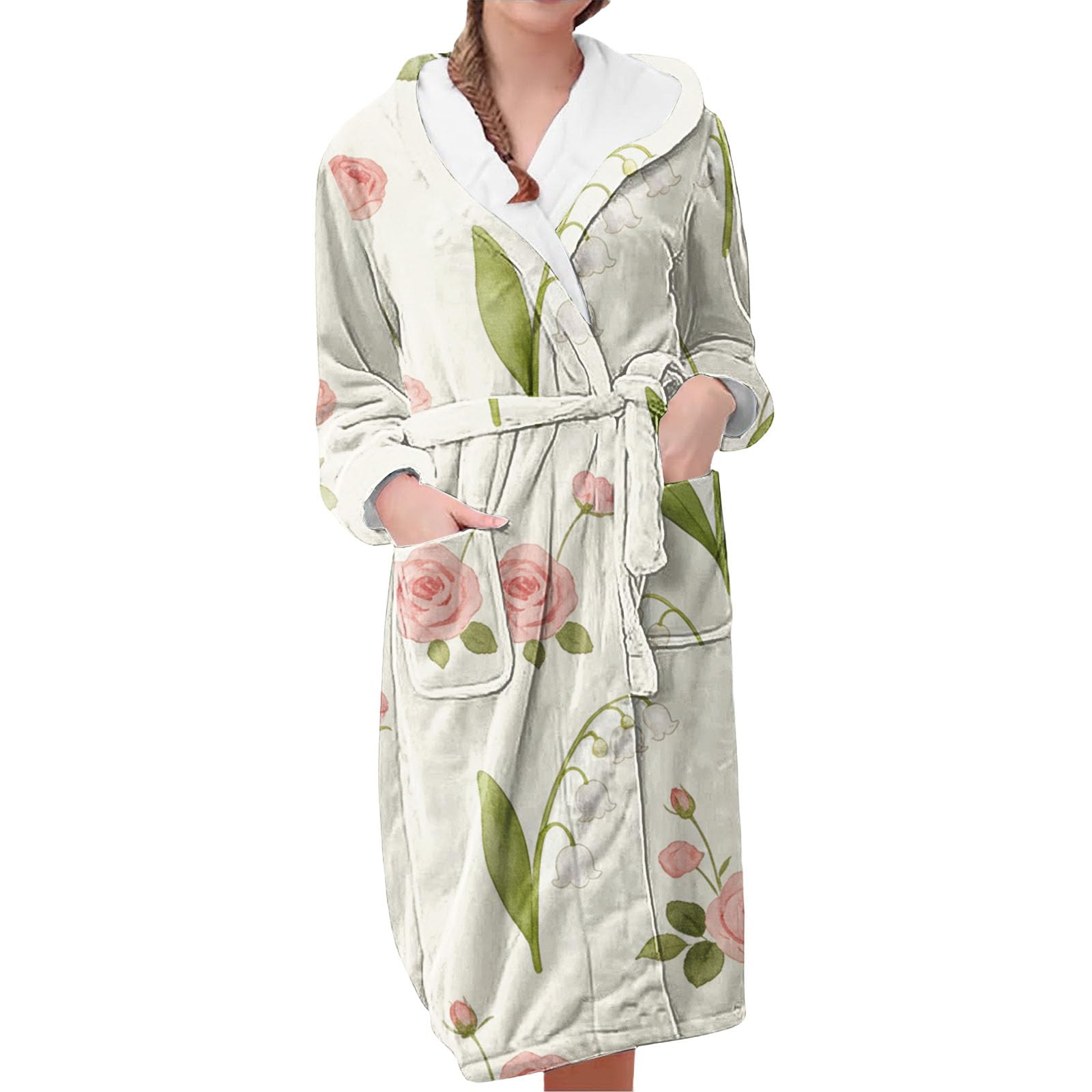 Accappatoio Donna Con Cappuccio Lungo E Leggero Con Stampa Floreale | Vestaglia Con Scollo A V Loungewear Lungo A Maniche Lunghe Con Tasche E Cintura Regolabili Accappatoio Donna Spugna
