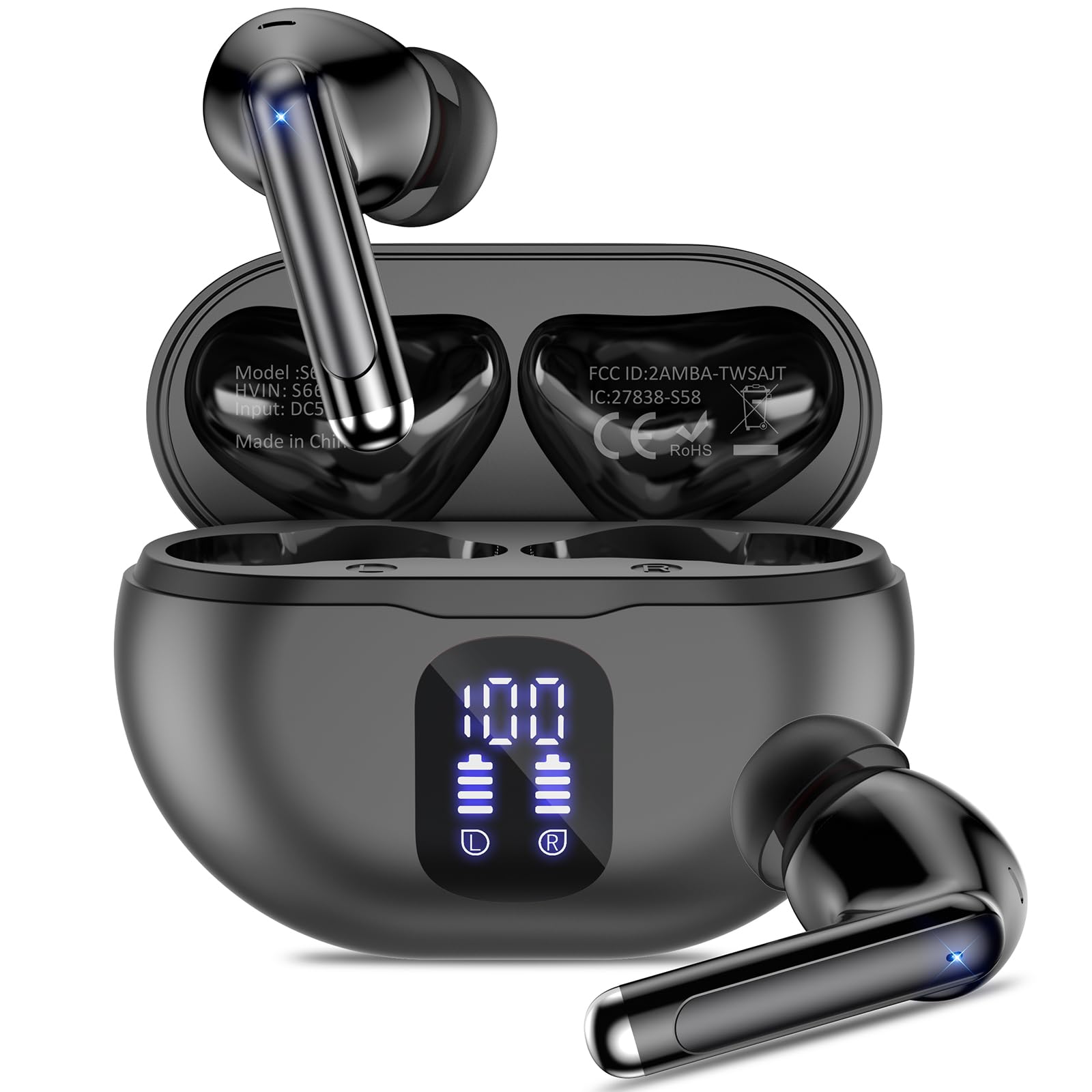 Bluetooth Headphones True Wireless Earbuds 50H Playback LED Power Display Earphones with Charging Case IPX7 Waterproof in-Ear Ear Buds with Mic for Smart Phone Computer Sports, Black