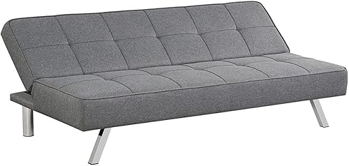 Deck Chair Convertible Futon Grey Linen Fabric Sofa Bed Adjustable Sleeper with Stainless Steel Legs
