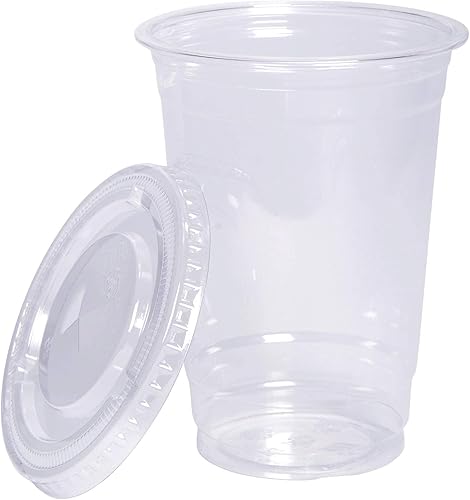 Vista 2 de GUSTO Vasos de plástico transparente con tapas planas [10 onzas – 100 unidades] – Tazas desechables para café helado con tapas – Vasos fríos de 10