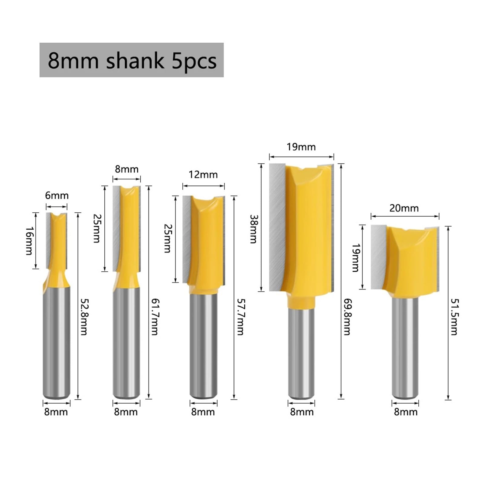 Juego de 5 brocas rectas de carburo de tungsteno de doble flauta con vástago de 8 mm, for fresado de madera, herramienta de carpintería C08002T5A