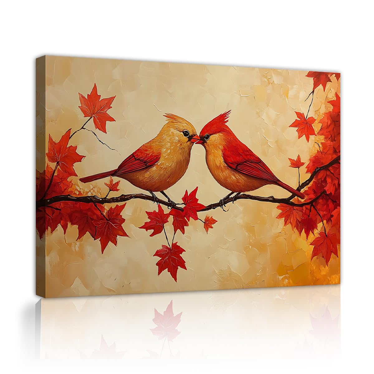 CHERHERART Autumn Birds Love Wall Art Red Maple Leaves Canvas Prints Pictures Fall Cute Bird Couple Painting Artwork for Bedroom Living Room 80x120cm Innerframe